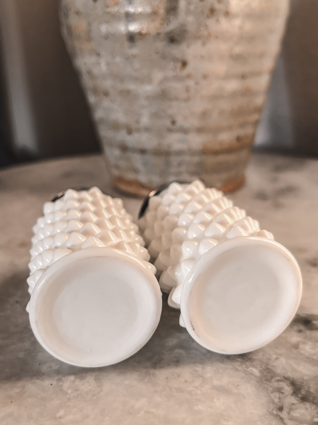 SET OF 2 VINTAGE HOBNAIL STUDDED MILK GLASS SALT AND PEPPER